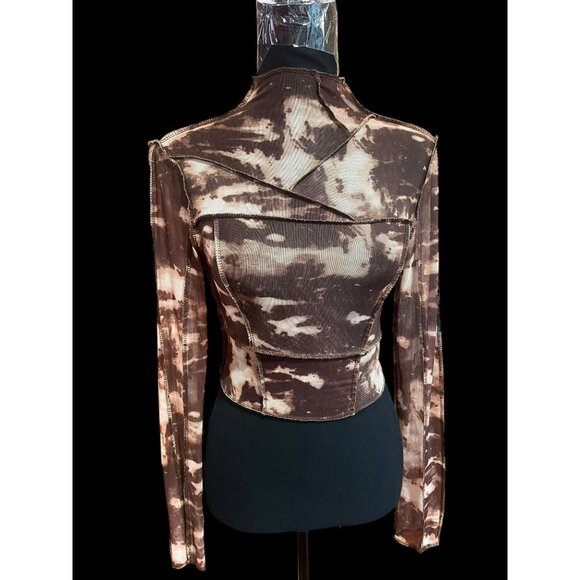 Better ME Sheer Brown Tie-Dye Long Sleeve Mesh Crop Top With Open Back Design - Picture 1 of 9